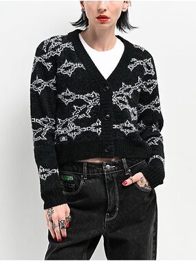 Lurking Class Cropped Cardigan Black Spiked Chain Knit Sweater Large Grunge Goth